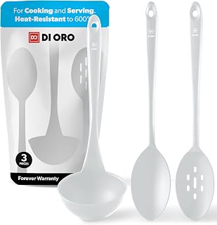 DI ORO Silicone Ladle & Cooking Spoons Set - 600F Heat Resistant, Stone | Wide bowl serves soup, stew, and gravy in one scoop; Large heads for mixing, serving, and stirring
