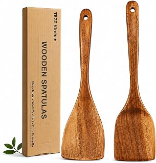 Wooden Spatulas, 2 PCs Natural Acacia Wooden Cooking Utensils Set for Non-stick Pan Kitchen Tool, flipping and Wok Spatula, Wooden Spoons & Spurtle for Cooking
