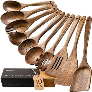 Wooden Spoons for Cooking, 10-Piece Acacia Wood Cooking Utensil Set | Spoons and spatulas stir, mix, flip and serve; balanced handles offer control while staying gentle on nonstick cookware.