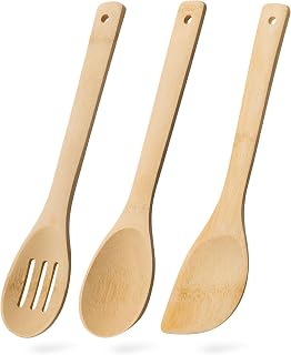 Wooden Spoons for Cooking, 3-Piece Bamboo Cooking Utensil Set | Slotted spoon, solid spoon and spatula handle stirring, draining, flipping and serving while staying gentle on nonstick pans.