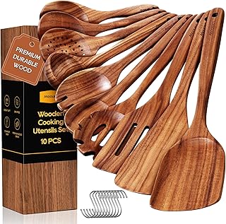 Wooden Spoons for Cooking 10PCS Teak Wood Cookware Utensil Set | Wooden Cooking Utensils with Comfort Grip, Smooth Durable Heat Resistant Cooking Spoons and Utensils Holder for Cooking