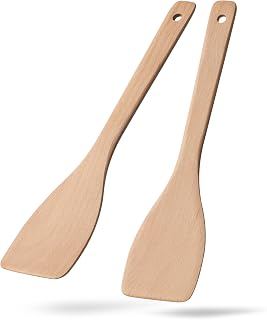 Wooden Spatulas for Cooking, 2 Pack, 13 Inch, Uncoated Beech Wood | Thin flat edges help flip, stir and scrape; long handles provide comfortable reach and stay gentle on nonstick cookware.
