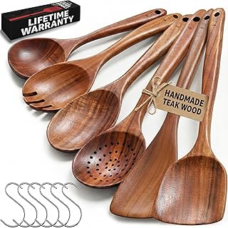 Premium Wooden Spoons for Cooking, 6Pc Wooden Kitchen Utensil Set and Hooks | Natural Thick Teak Wood, Heat Resistant, Easy to Clean, Nonstick Safe, Perfect for Mixing, Flipping and Serving