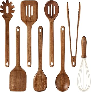 CAROTE Wooden Utensil Set, 8-Piece Acacia Wood Cooking Utensils | Nonstick Cookware Friendly, Durable, Heat-Resistant, Cool-Touch Handles, Hanging Loops, Everyday Kitchen Essentials