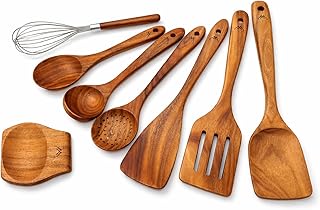 8 Pcs Teak Wooden Utensil Set &ndash; Premium Wooden Cooking Utensils Set, Natural Wooden Spoons for Cooking - Sturdy Kitchen Utensils & Cooking Spoons for Every Chef