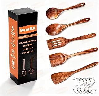 5 PCs Teak Wooden Utensil Set with Hooks, Wooden Spoons for Cooking, Wood Cooking Utensils Set, Comfort Grip, Non Stick Cookware, Easy to Clean, Kitchen Stuff, Wood Spatula