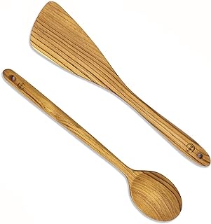 FAAY 12.5 Inch Wood Utensil Set (2 PCS), Teak Wooden Right Hand Spatula & Flat Spoon, 100% Natural from High Moist Resistance Teak Wood, Healthy Wooden Spoon Spatula for Non Stick Cookware