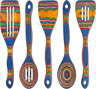 5pc Wood Cooking Utensils Set - Wooden Spoons for Cooking &ndash; Pakka Wood Utensils for Cooking and Serving &ndash; Comfortable Grip and Non Stick (Blue Rainbow)