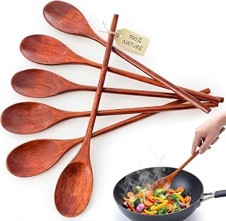 HANSGO Wooden Spoons for Cooking, 12 Inch Mixing Wood Spoon with Long Handle Serving Utensil Set for Kitchen Cooking and Stirring, 6PCS