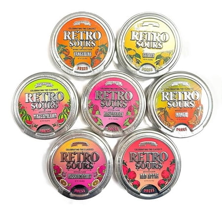 Retro Sours Tin Can - (Assorted 7 Pack) Mango, Tangerine, Citrus, Raspberry, Watermelon, Red Apple & Passion Fruit