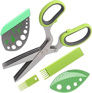 LUVCOSY Herb Scissors, Premium Stainless Steel 5 Blade Kitchen Salad Scissors Dishwasher Safe, Sharp and Convenient 5 Blade with Safety Cover, Herb Stripping Tool and Cleaning Comb