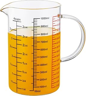 Ackers BORO3.3 Glass Measuring Cup-[Insulated handle | V-Shaped Spout]-Made of High Borosilicate Glass Measuring Cup for Kitchen or Restaurant, Easy to Read, 1000 ML (32 Oz, 4 Cup)