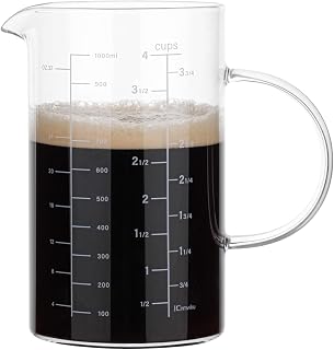 BCnmviku Glass Measuring Cup, Insulated handle, V-Shaped Spout, High Borosilicate Glass Measuring Cup 1000ML、 /1 Liter, 4 Cup for Kitchen or Restaurant, Easy To Read (1000ml-1pcs)