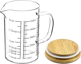 QWORK Glass Measuring Cup, 500ML (18 Oz, 2 Cup), High Borosilicate Glass Scale Cup with Handle and Durable Bamboo Lid, for Kitchen or Restaurant