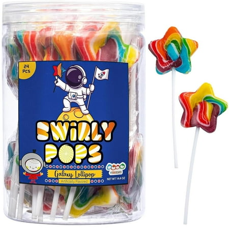 Galaxy Star Rainbow Lollipops Individually Wrapped, Bursting with Fruity Flavor, Great Swirl Lollipops for Kids Birthday Parties, Space Candy Party Favors and Cake Toppers, By 4YoreElves (Pack of 24)
