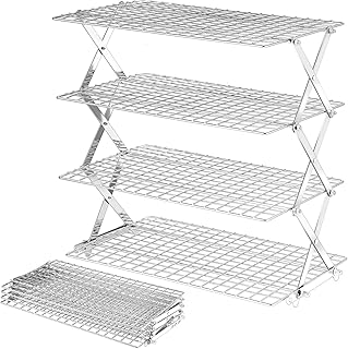 BEWOS 4 Tier Collapsible Cooling Rack - Adjustable Stainless Steel Baking Rack with Leak-Proof Mesh, X-Shaped Structure Cooling Rack for Cooking and Baking, Dishwasher Safe