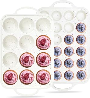 12+24 Cups Silicone Muffin Pans for Baking with Metal Frame | Regular and Mini Cupcake Pan, Nonstick Egg Bite Mold, with Handle, BPA Free, 2 Pcs, Cream