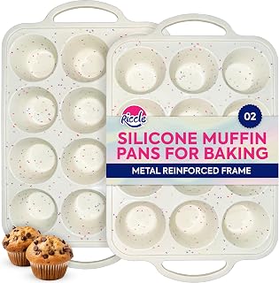 RICCLE Silicone Muffin Pans for Baking with Metal Reinforced Frame, 12-Cup Cupcake Pan, 2 Pcs Muffin Trays for Cupcake Baking, Tray Molds, Oven & Dishwasher Safe, BPA-Free (2 x Regular)