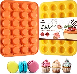 2PCS Silicone Mini Muffin Cupcake Pan, Kaloo Nonstick 24 Cups Silicone Muffin Pans for Baking, Great for Muffin, Cakes, Tart, Bread, Dishwasher Safe (Stylish Orange + Yellow, 24 Cups Each)
