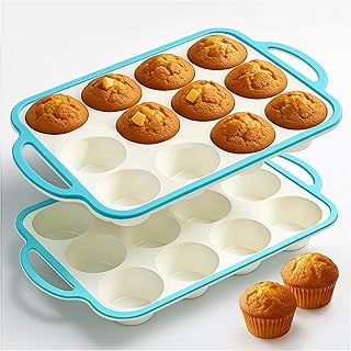 Silicone Muffin Pans for Baking 2 Pack, 2.6 Inch with Metal Reinforced Frame, Regular Size Nonstick Cupcake Pan 12 Cups for Baking Homemade Muffins, Dishwasher Safe BPA Free-Blue
