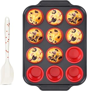 Silicone Muffin Pan for Baking with Metal Frame | Nonstick Foldable Cups for Easy to Pop, 12 Regular Size Egg Bites Silicone Mold for Oven, with Silicone Spatula