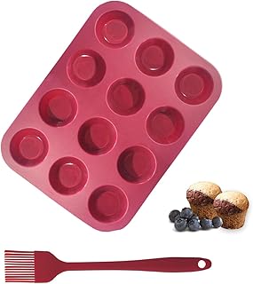 Silicone Muffin Pan, 12-Cup Cupcake Pan with Silicone Pastry Brush for Mini Egg Muffin, Keto Diet, BPA Free, Dark Red