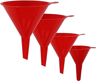 KongNai 4 Pieces Plastic Funnel Set for Kitchen and Automotive Use, Mini, Small, Medium and Large Funnel for Filling Bottles, Canning, Cooking, Lab or Car Oil Funnels (Red)
