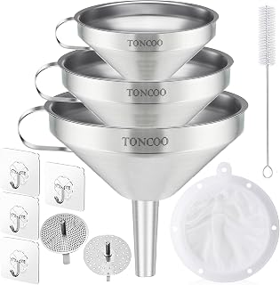 Toncoo 3 Pack Stainless Steel Funnels for Kitchen Use, Food Grade Cooking Funnel with 3 Strainer, Kitchen Funnel Set Metal Funnels for Filling Bottles