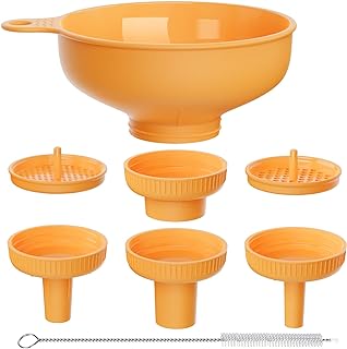 Pisol Wide Mouth Versatile Funnel, Canning Funnels for Kitchen Use, Food Grade Plastic Cooking Funnel Set with 4 Size Spouts and 2 Strainers for Filling Different Bottles and Bags, Orange