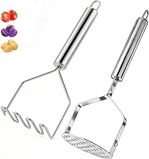 2PCS Potato Masher Set, Stainless Steel Smasher Kitchen Tools | Works For Mashed Potatoes Guacamole Beans Vegetables Fruit Meat Butter And Puree, Ergonomic Handle Design