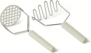 Amazon Basics Potato Mashers, 2-Piece Set, Stainless Steel, Soft Grip Handle, Dishwasher-Safe, Linen Gray