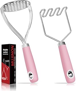 18/0 Stainless Steel Pink Potato Mashers, 10.7-in Kitchen Masher Tool for Avocado Vegetable Sauce Butter, Heavy Duty, Dishwasher Safe, Pack of 2