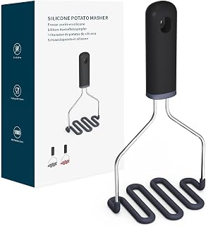 KITCHENDAO Non-Scratch Potato Masher, Heavy Duty 18/8 Stainless Steel Wrapped In Premium Silicone, Soft Touch Handle, Versatile Masher Hand Tool & Potato Smasher, Gift for Christmas-Black