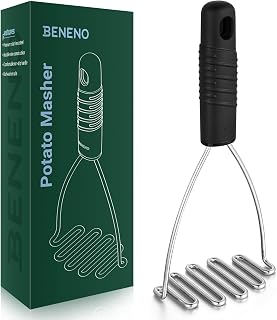 Beneno Ergonomic Soft Grip Stainless Steel Potato Masher, Black | Premium Solid Stainless Steel Head, Textured Non-Slip Rubber Handle, Multi-use Kitchen Mashing Tool, Dishwasher Safe