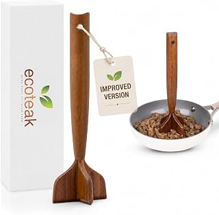 Teak Wood Meat Masher & Ground Beef Masher, Wooden Meat Chopper for Ground Beef, Hamburger Smasher Tool, Wood Potato Masher, Non-Toxic Kitchen Utensil, 10.5 Inch