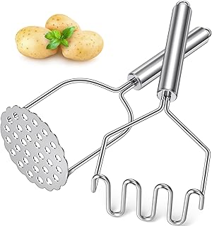 Potato Masher, Stainless Steel Masher for Potatoes, Beans, Berries, Fruits | Crush Potatoes in Second, Mash Potatoes Smoothly, Easy to Clean, Sturdy and Durable, 2 Pack Set with A Brush