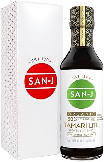 San-J - Organic Gluten Free Tamari Soy Sauce with 50% Less Sodium - Made with 100% Whole Soy - Specially Brewed - 10 oz. Bottle