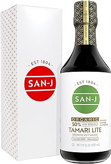 San J International Organic 50% Less Sodium Tamari Lite, 20 FZ | Low Salt, Rich Umami, Gluten Free, No Wheat, Kosher, USDA Certified Brewed