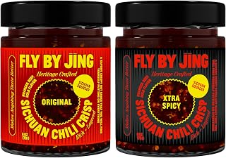 FLYBYJING Original + Xtra Spicy Sichuan Chili Crisp Oil Duo: Premium Vegan Chili Sauces Good on Noodles, Proteins, Veggies & Everything - Spicy, Savory, Crunchy Hot Sauces, 6oz (Pack of 2)