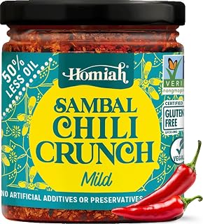 Homiah Sambal Chili Crunch, 6 Oz - Vegan Low Sodium Less Oil Gluten-Free Sambal Oelek, Non-GMO, Spicy Chili Crisp Topping with Seaweed - Mild