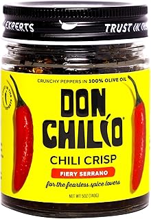 Don Chilio Medium Heat Serrano Mexican Chile Crisp, 5 oz. | Crunchy Sliced Serrano Fried Chili Peppers in Hot Seasoned 100% Olive Oil, Keto-Friendly, Vegan, Gluten Free