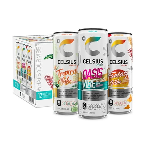 CELSIUS Sparkling Summer Vibe Variety Pack, Functional Energy Drink 12 fl oz (Pack of 12)