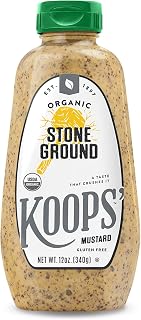Koops Organic Stone Ground Mustard, Coarse Texture, 12 Oz | Rustic Whole Grain Condiment For Sausages Pretzels Sandwiches Charcuterie Roasts Dressings Marinades Grilling Dipping Recipes