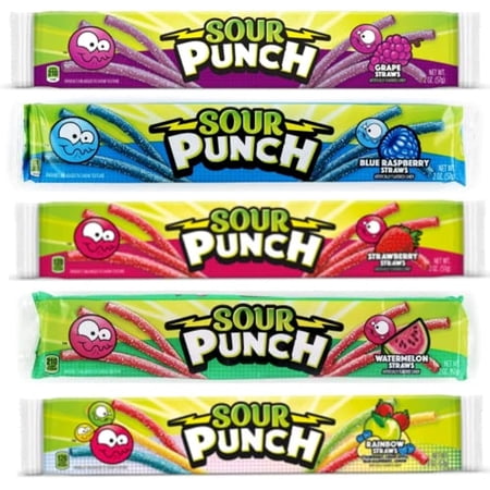 Sour Punch Straws Bundle Gift Assortment Grape, Blue Raspberry, Strawberry, Watermelon, And Rainbow (1 - 2 Ounce Pack Each, 5 Packs Total)