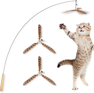 JXFUKAL Cat Wand Toys, Interactive Cat Toys with 3 Feather Refills, 29'' Flexible Steel Wire, Sturdy Wood Handle & Bell for Kitty Kitten, Cat Toys for Indoor Cats Teaser Cat String Toy