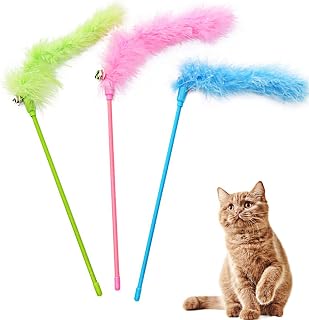 Cat Wand Toys, 3 PCS Interactive Feather Wands Colorful Cat Teaser Wand | with Bell for Indoor Cats and Kitties