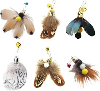 Cat Insect Feather Toys Replacement Cat Toy Wand Refills, 6 Pieces Natural Insect Cat Toy Feathers Refill, Interactive Cat Teaser Wand Attachments, with Bell
