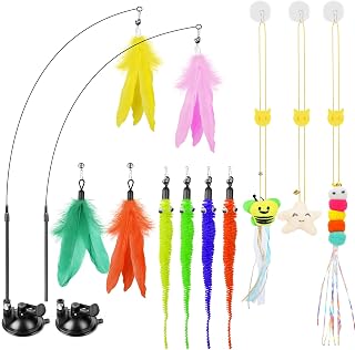 Cat Wand Toy, Interactive Kitten Feather Toys Self Play, Cat Teaser for Indoor Cats Reusable Suction Cup Toys for Indoor Cats Kittens Play Exercise