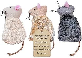 Ipetboom Refillable Catnip Toys for Cats - 3 Pack Interactive Cat Chew Toys for Indoor with Natural Long Fur and Jute Tail, Durable Plush Mouse Pet Fun Tool for Hunting and Boredom Relief
