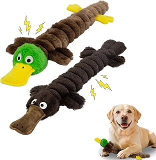 2 Pack No Stuffing Platypus Mallard Duck Dog Toys | Soft, Unstuffed Plush Toy with Squeaker & Crinkle &ndash; Perfect toys for Puppies teething, Everyday Play for medium dogs